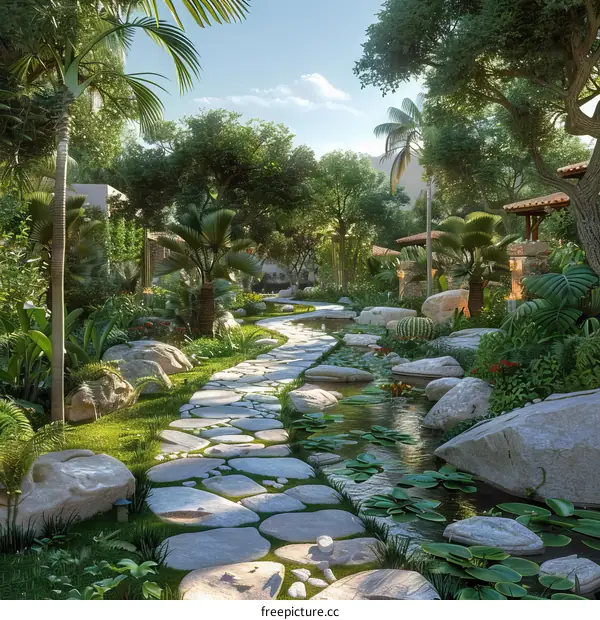 A lush tropical garden with a meandering path, lush palm trees, and a tranquil pond