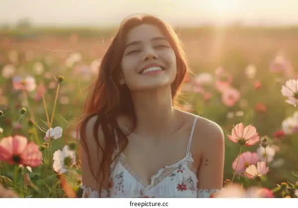 Happy Woman in a Field of Flowers
