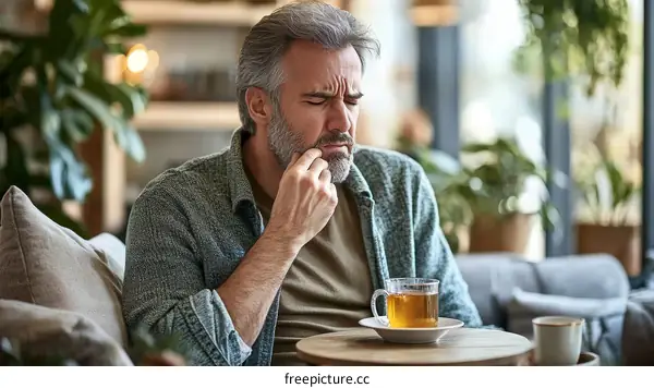 Mature Caucasian Man Experiencing Discomfort While Drinking Tea