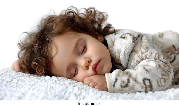 An adorable baby girl sleeping soundly on a white blanket