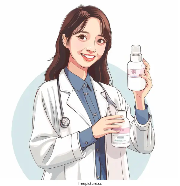 A female doctor in a white coat is holding a bottle of medicine