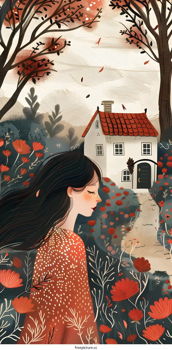 girl in a red dress walking in a meadow