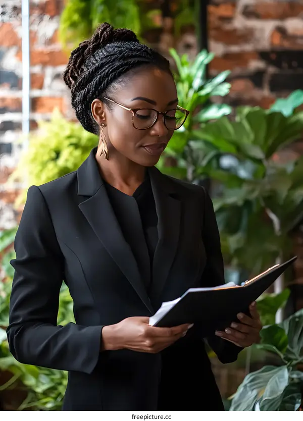 Portrait of an African American Businesswoman in Black Suit Holding a Binder