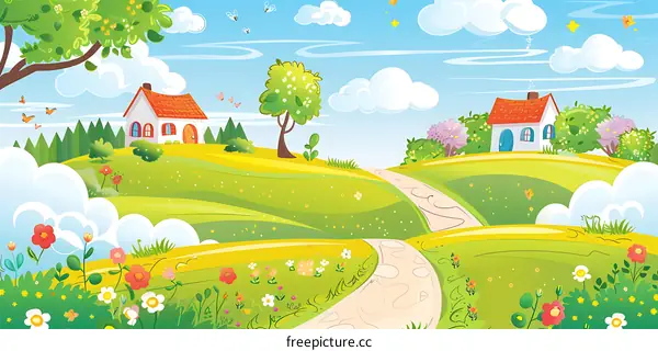Cartoon Illustration of a Springtime Countryside with Two Houses