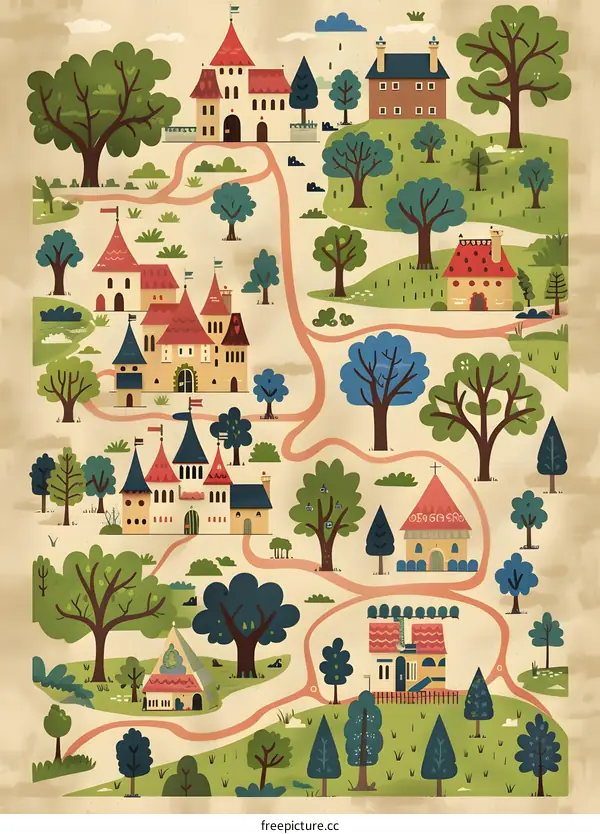 Illustrated Map of a Fantasy Village with Castles and Houses