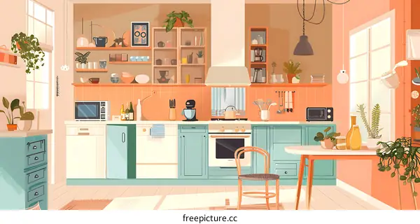 Modern Kitchen Interior Design with Pastel Colors and Plants