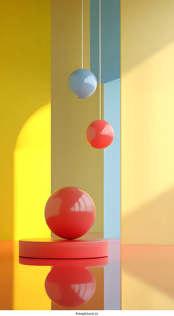 Abstract Minimalist 3D Rendering of Three Colorful Spheres in a Geometric Room