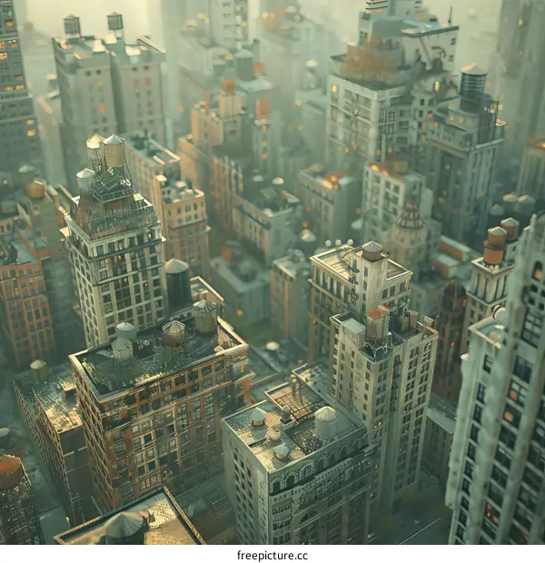 Urban Skyline with Towering Buildings and Rooftop Water Towers
