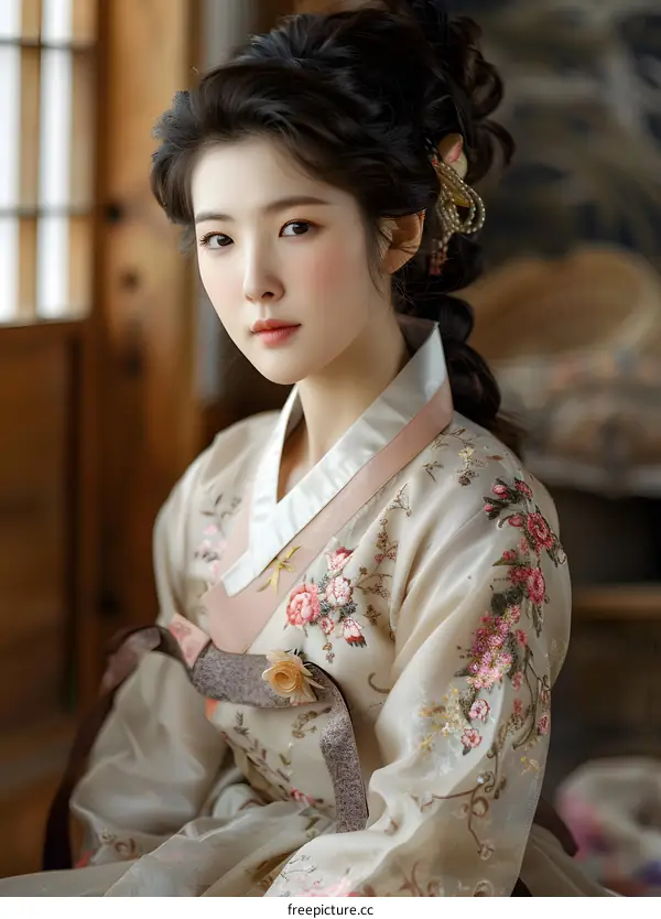Portrait of a young woman in traditional Korean dress, or hanbok