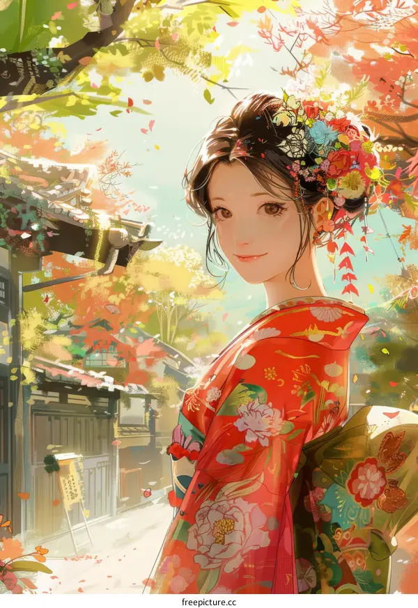 A beautiful Japanese woman in a red kimono standing in a traditional Japanese street