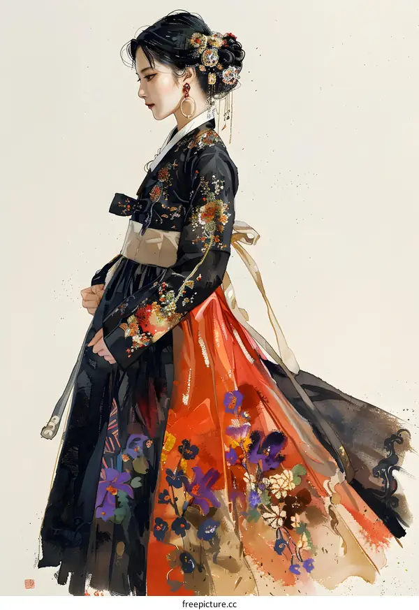 A woman wearing a hanbok, a traditional Korean dress