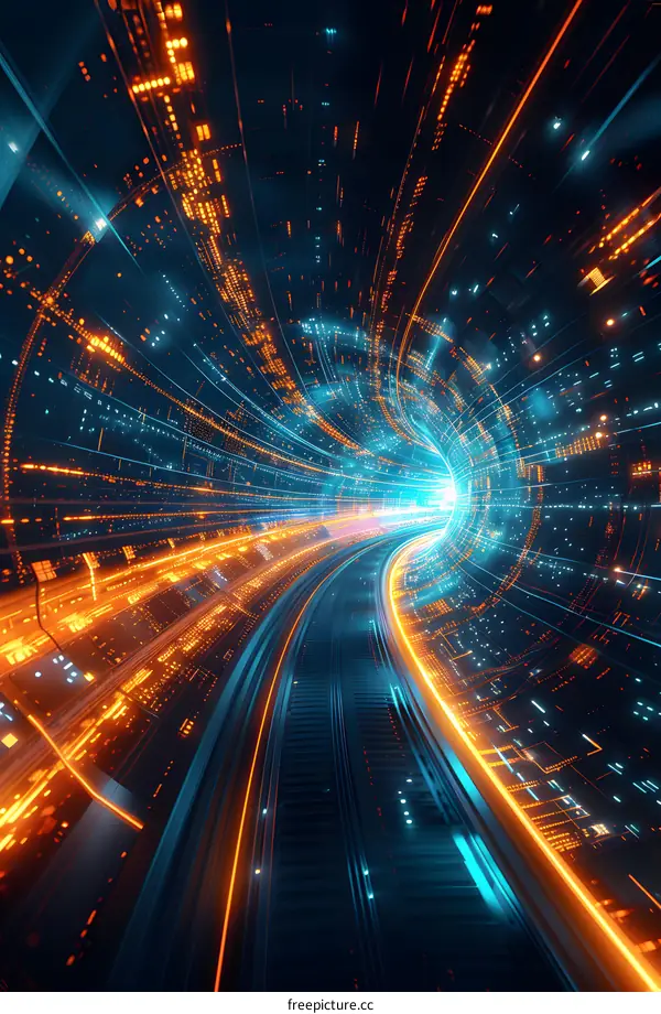 Blue and orange glowing technology tunnel