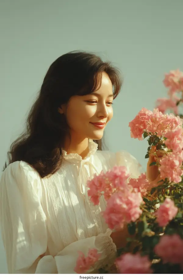 Asian Woman with Pink Flowers Portrait