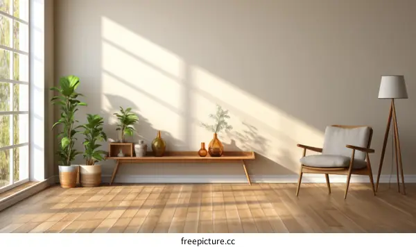 An empty room with a large window, a wooden table, a chair, and some plants