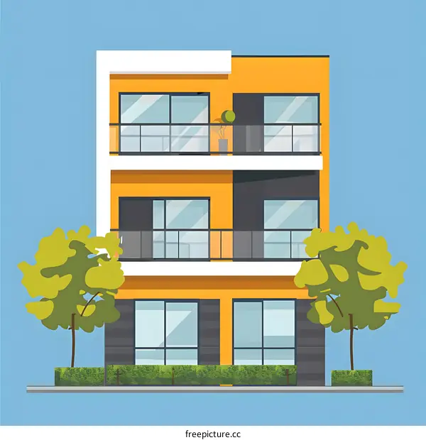 Modern Yellow Building with Balconies and Trees