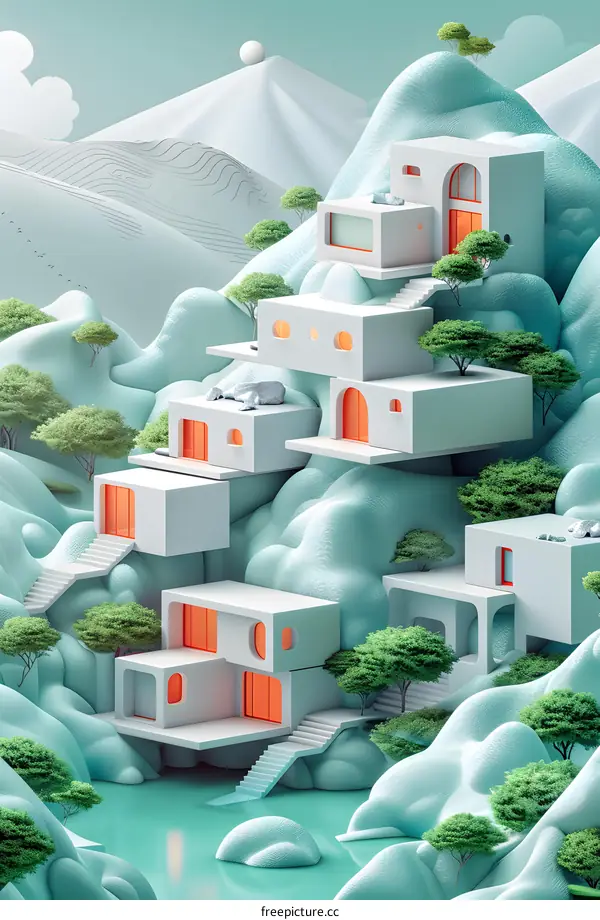 Abstract 3D Rendering of Minimalist Houses on Green Hills