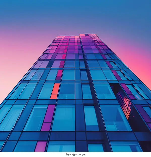 Glass Building with Neon Lights at Sunset