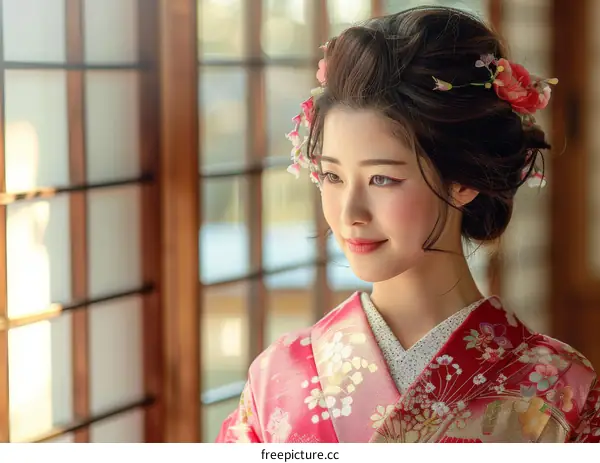 Japanese Woman Wearing Traditional Kimono in Front of a Window