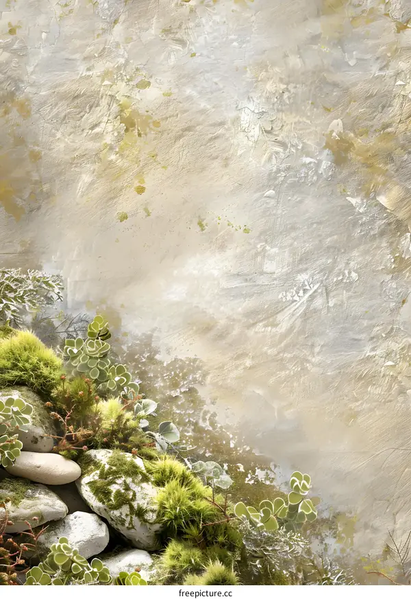 Abstract Beige Watercolor Background with Green Plants and Stones