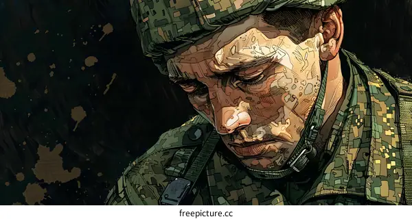 A soldier wearing a green camouflage uniform with his head looking down