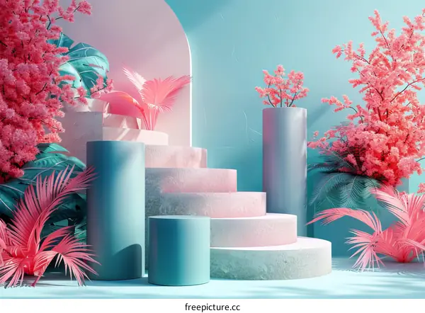 Pastel Pink and Teal Geometric Display Platform with Floral Design