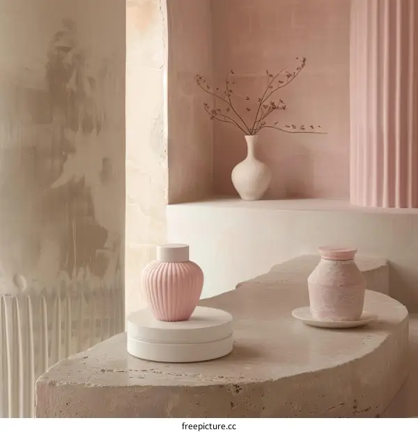 A Minimalist Display of Pink and White Ceramics