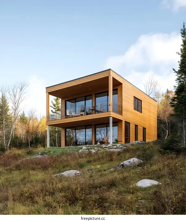 Modern Wooden House with Balcony and Large Windows in the Woods