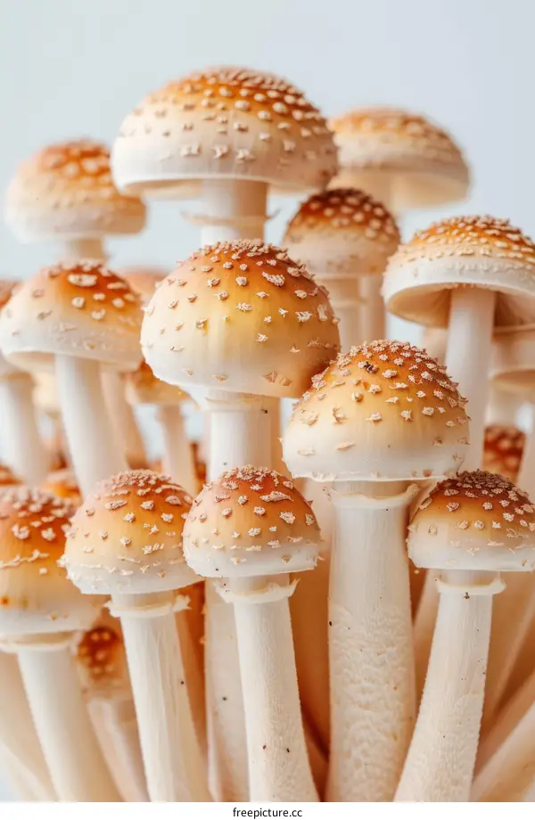 A cluster of brown mushrooms with white spots on their caps