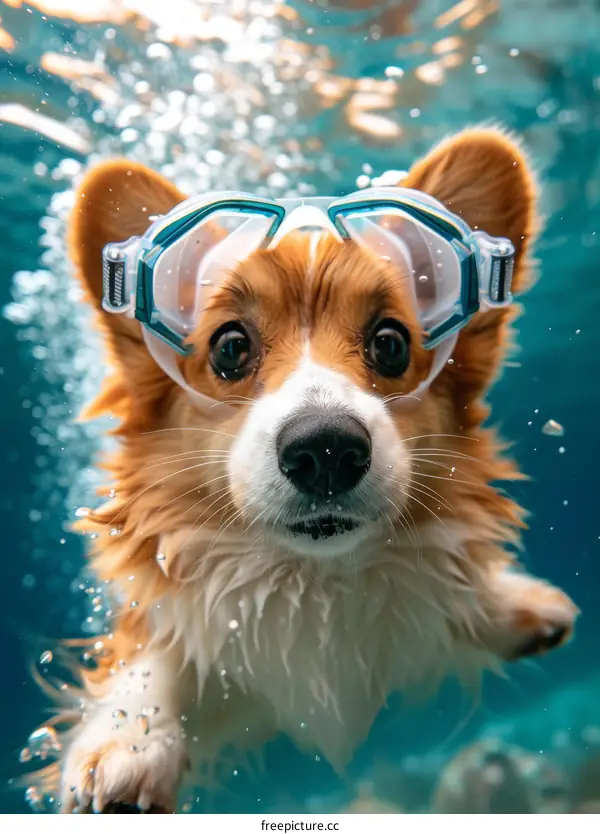 A cute corgi dog wearing swimming goggles swims underwater