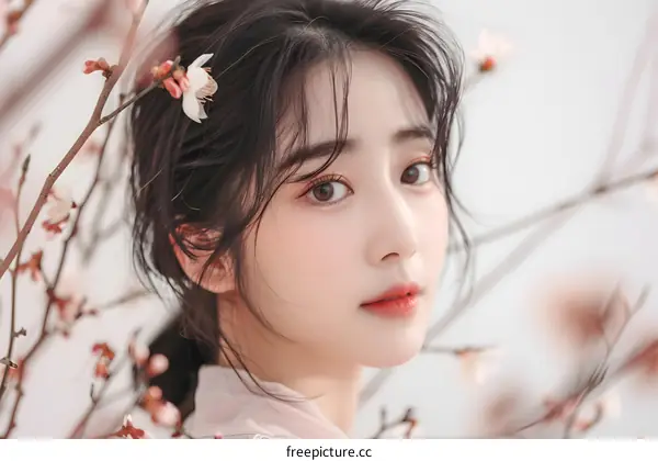 Beautiful Asian Woman Posing with White Flowers in Her Hair