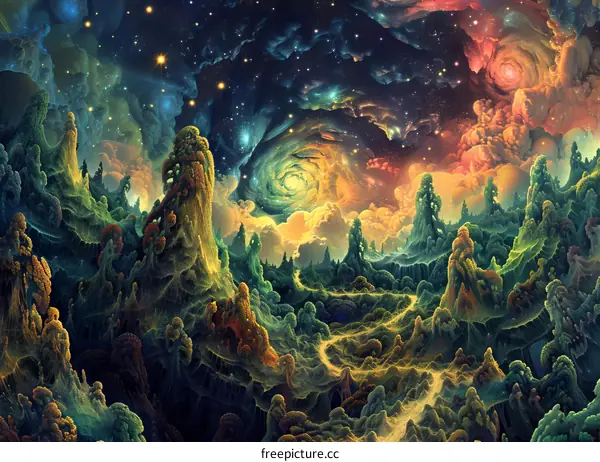 Surreal Fantasy Landscape with Floating Islands and a Starry Night Sky