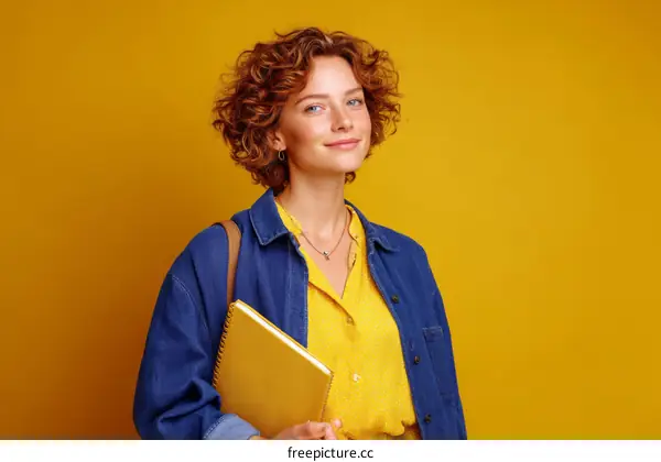 Woman in a Yellow Blouse and Denim Jacket Holding Notebook