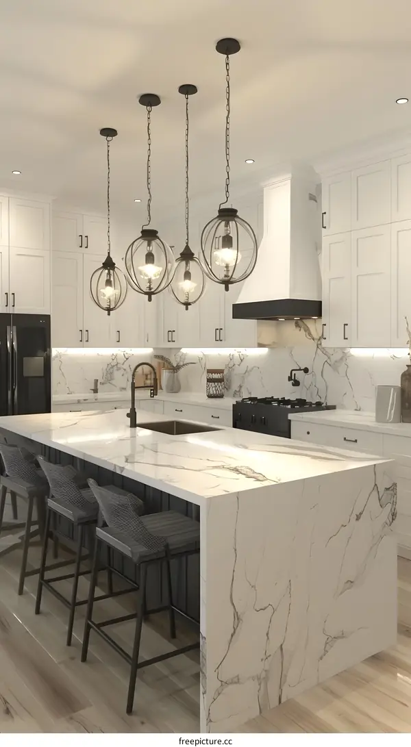 Modern Kitchen Island With White Marble Countertop And Black Metal Stools