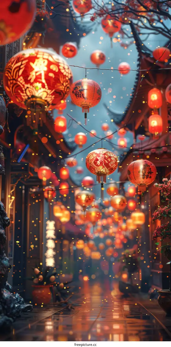 Lanterns Adorn a Bustling City Street in China