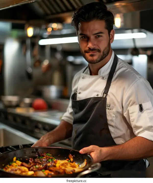 Handsome chef cooking delicious food in a commercial kitchen