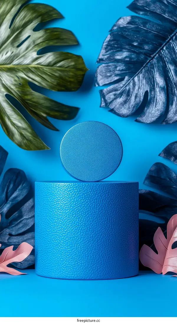 Blue Geometric Display with Tropical Leaves