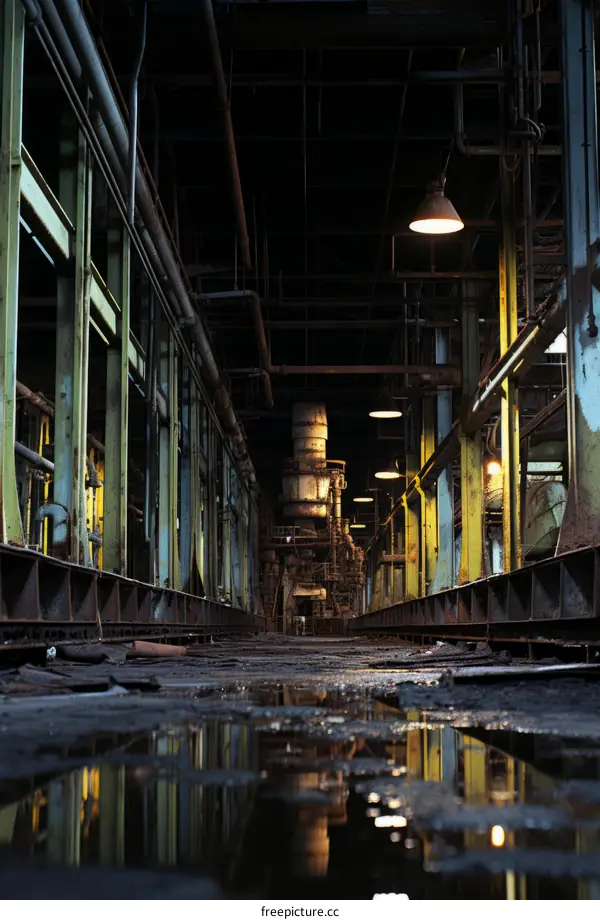 rusty factory building interior with puddles on the floor