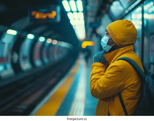 A man wearing a mask is waiting for the subway