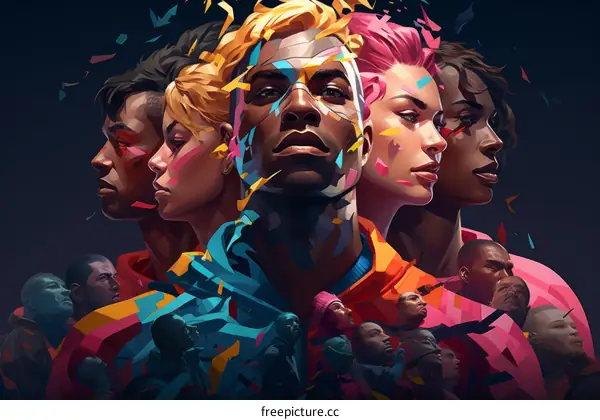 A group of diverse people of different ethnicities and ages with a colorful background