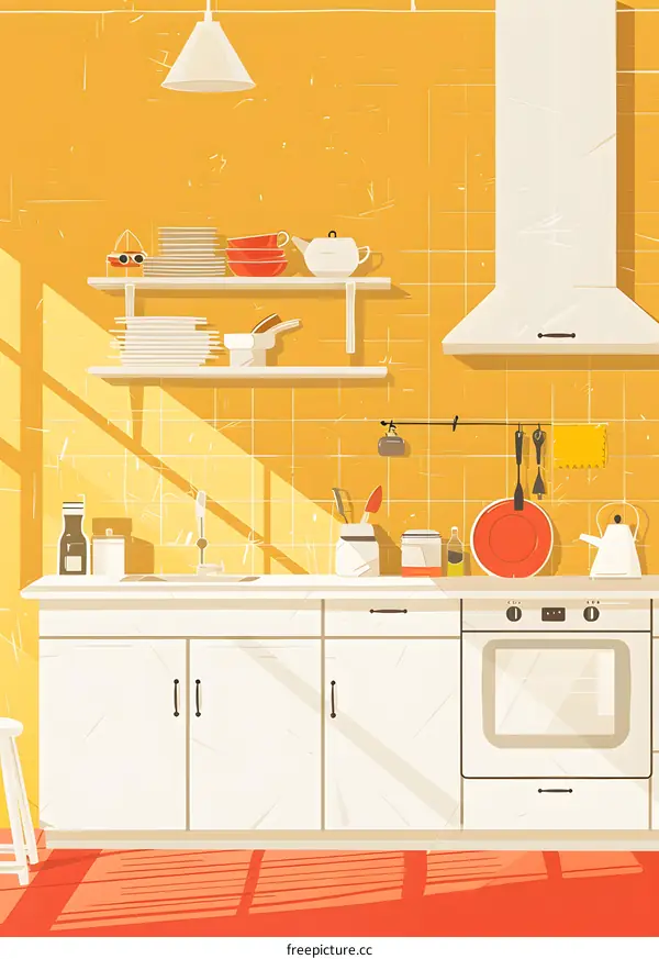 Kitchen Interior with White Cabinets and Yellow Tiled Walls