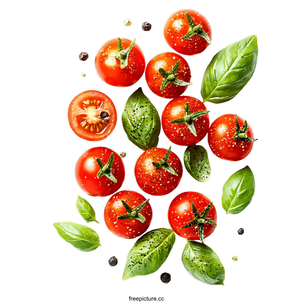 [Transparent Background PNG]Freshly picked cherry tomatoes and basil leaves