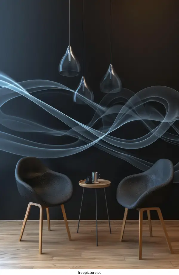 Two chairs and a table in front of a dark blue wall with a white wave pattern