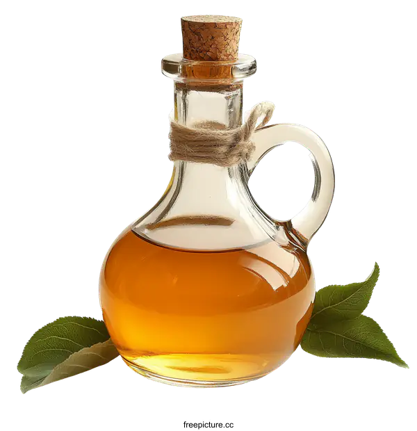 [Transparent Background PNG]Glass Bottle of Golden Oil with Leaves