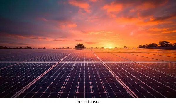 Large solar farm at sunset