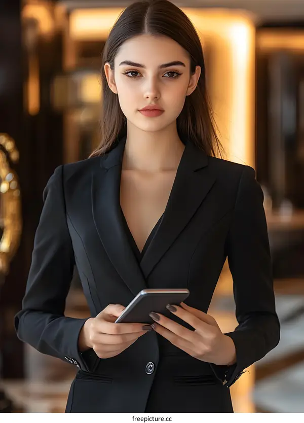 Businesswoman Using a Smartphone in a Modern Office