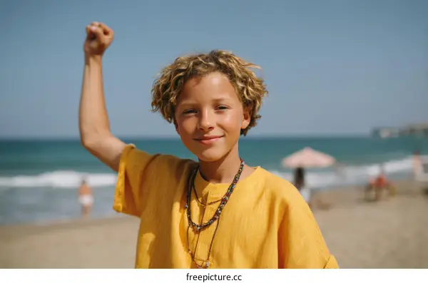 A cheerful young boy with curly hair raising his fist on beach