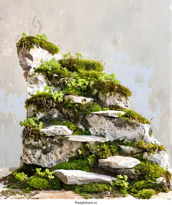 Stone Steps Covered in Green Moss