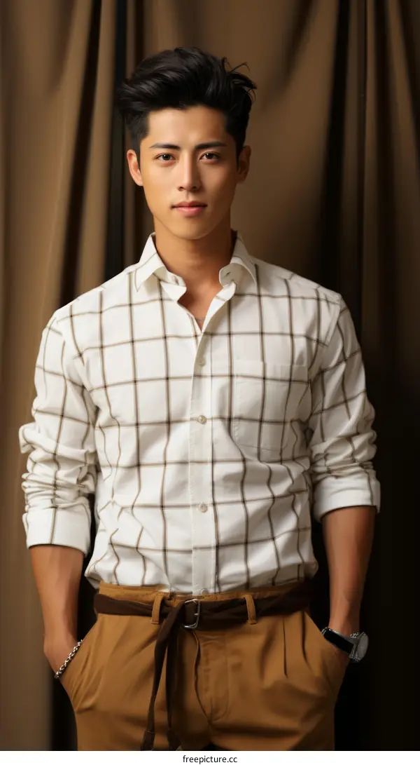A young Asian man wearing a white and brown plaid shirt and brown pants is posing in front of a brown curtain.