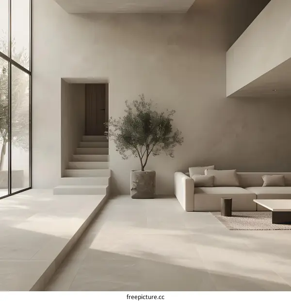 Modern Minimalist Interior Design with Olive Tree in Large Living Room