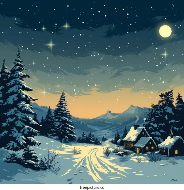 Snowy Mountain Village in Winter Night
